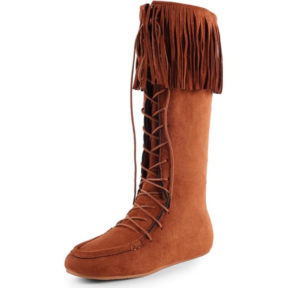 ⚡Women's Brown Lace Up Suede Knee High Flat Boots with Zipper Mid Calf - Picture 6 of 6